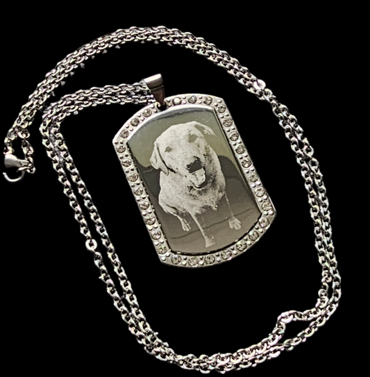 Gemstone ID Tag mirror Polished Pendant & Chain - Personalised Photo Engraving